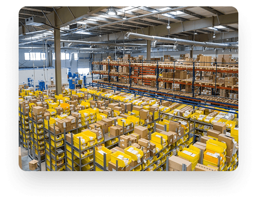 Warehouse shelves with stock inventory